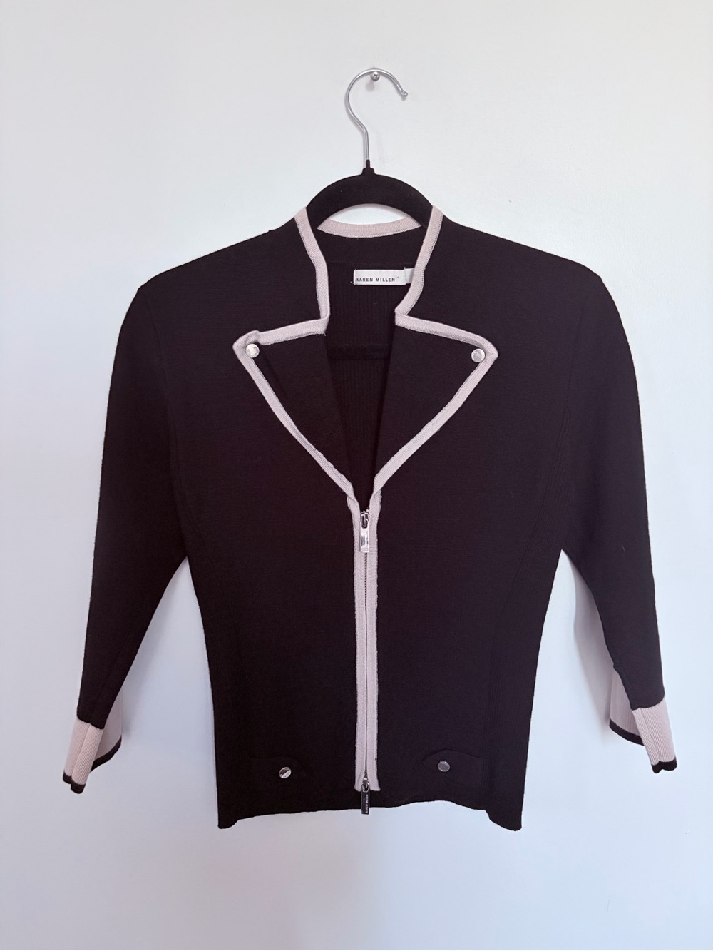 Karen Millen Wool Black Knit Zip-Front Sweater with Cream Trim - Size 3